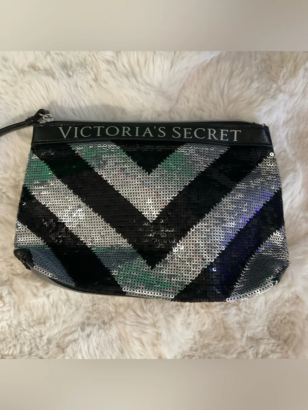 Victoria's Secret Black & Silver Chevron Sequin Makeup Pouch, like new!